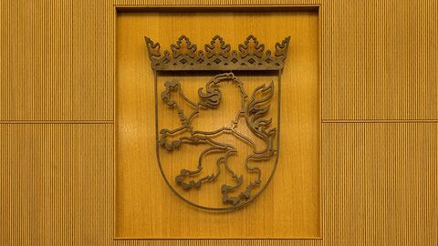 Hessenwappen aus Metall vor einer hölzernen Wand.